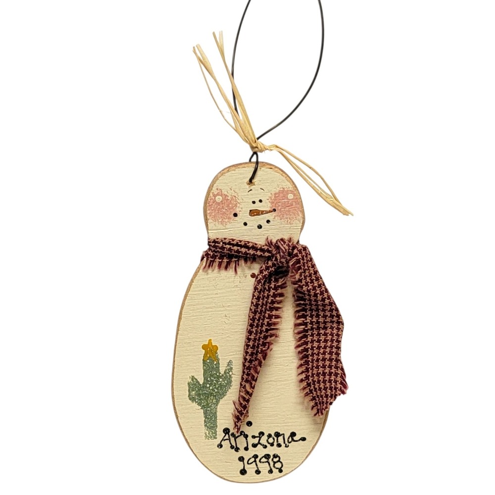 VTG 90s Arizona Snowman Christmas Ornament 1998 Wooden Cactus Country‎ Rustic